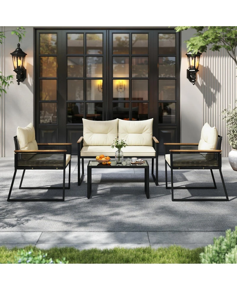 Gouun 4-Piece Outdoor Pe Rattan Patio Conversation Set with Acacia Wood Armrests and Glass Coffee Table