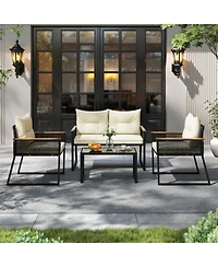 Gouun 4-Piece Outdoor Pe Rattan Patio Conversation Set with Acacia Wood Armrests and Glass Coffee Table