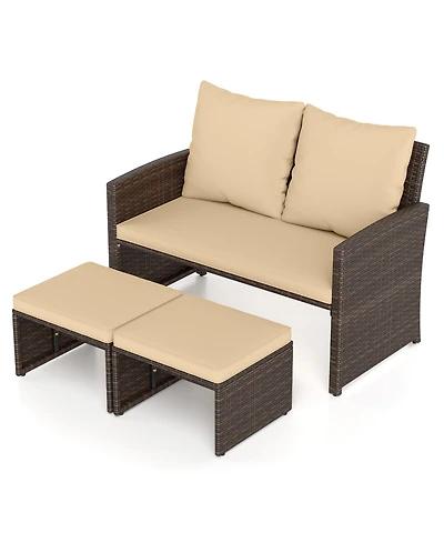 Gymax Loveseat w/ Ottomans Set of 3 Patio Pe Wicker Furniture Set w/ Cushions Outdoor