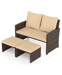 Gymax Loveseat w/ Ottomans Set of 3 Patio Pe Wicker Furniture Set w/ Cushions Outdoor