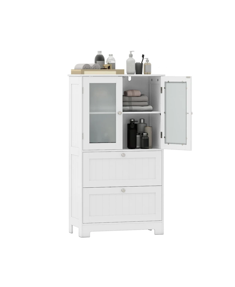 sumyeg Bathroom Floor Storage Cabinet with Drawers and Frosted Glass Doors