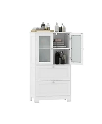 sumyeg Bathroom Floor Storage Cabinet with Drawers and Frosted Glass Doors