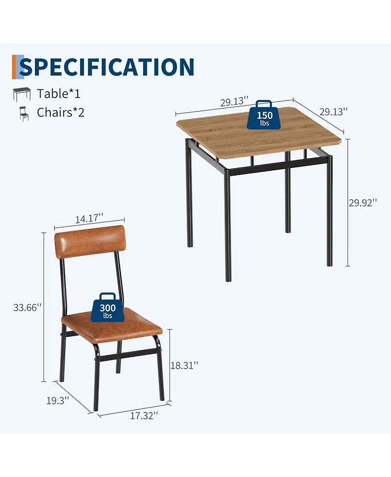 gaomon 3-Piece Dining Table Set with 2 Pu Upholstered Chairs, Wooden Top and Metal Frame for Kitchen and Dining Room