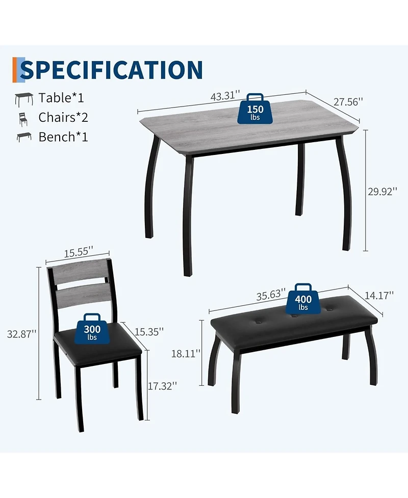 gaomon 4-Piece Farmhouse Dining Set with 2 Chairs and Bench for Small Spaces