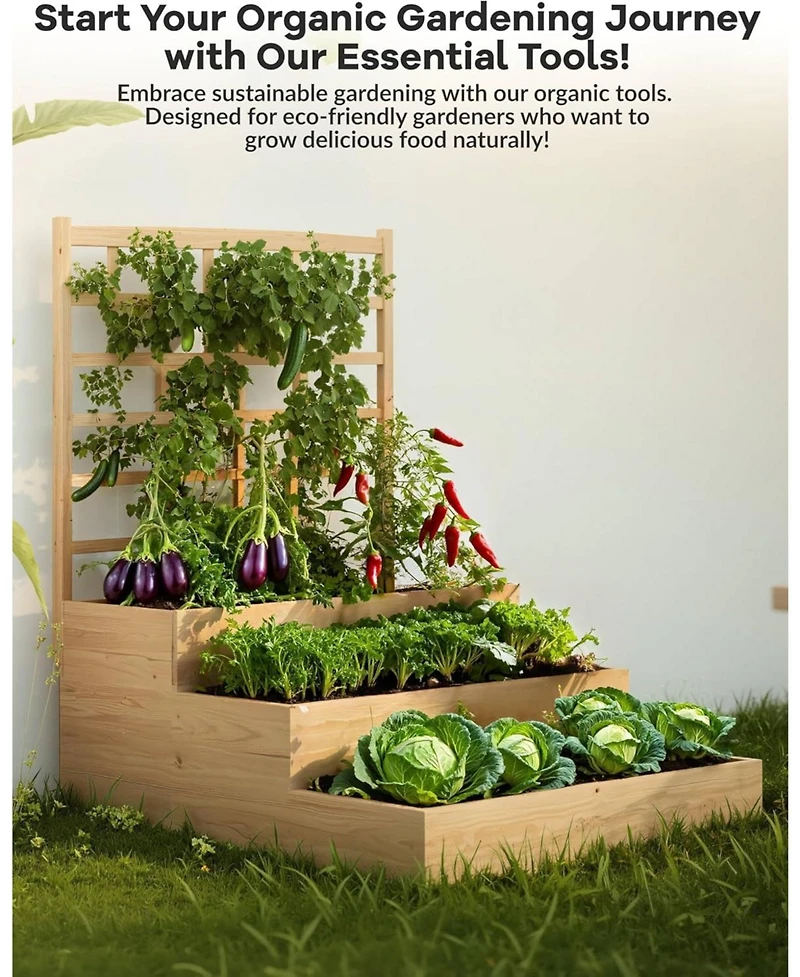 Xo 3-Tier Wooden Raised Garden Bed with Trellis, Vertical Planter Box with Drainage for Vegetables Flowers Herbs Patio