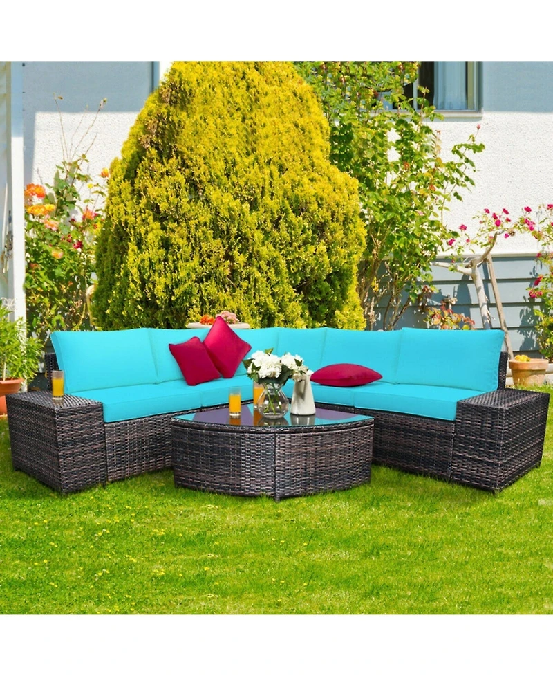 Gouun 6 Piece Outdoor Wicker Sectional Sofa Set with Tempered Glass Coffee Table
