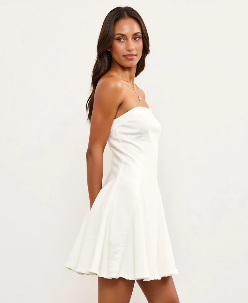 Modenaire Women's Strapless Fit-and-Flare Raw-Hem Denim Mini Dress