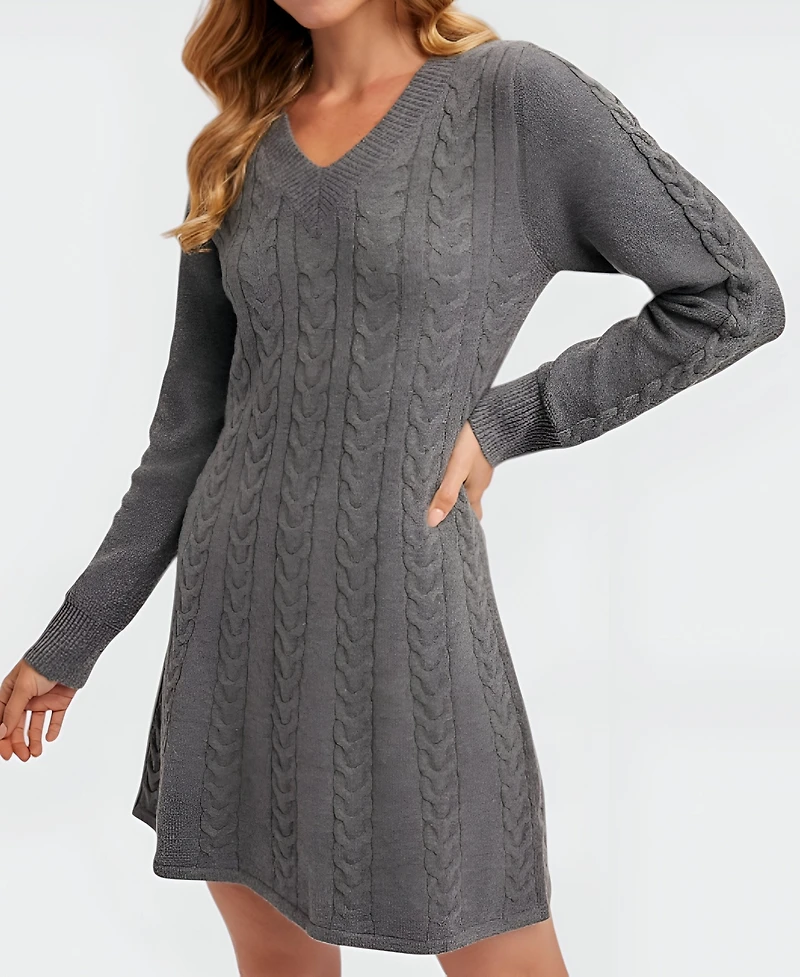 Modenaire Women's Cable Knit V-Neck Long Sleeve Sweater Dress