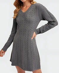 Modenaire Women's Cable Knit V-Neck Long Sleeve Sweater Dress