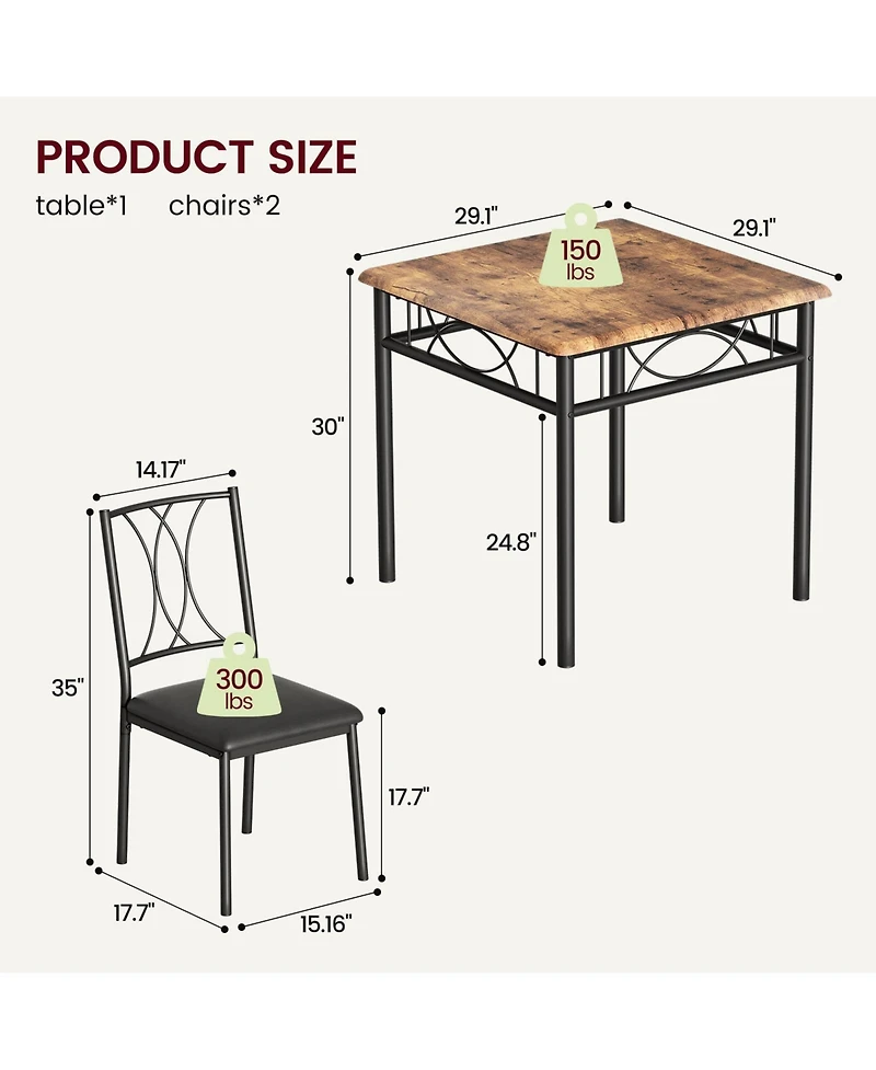 gaomon 3-Piece Dining Table Set for 2 with Metal & Wood Chairs - Space-Saving Square Kitchen