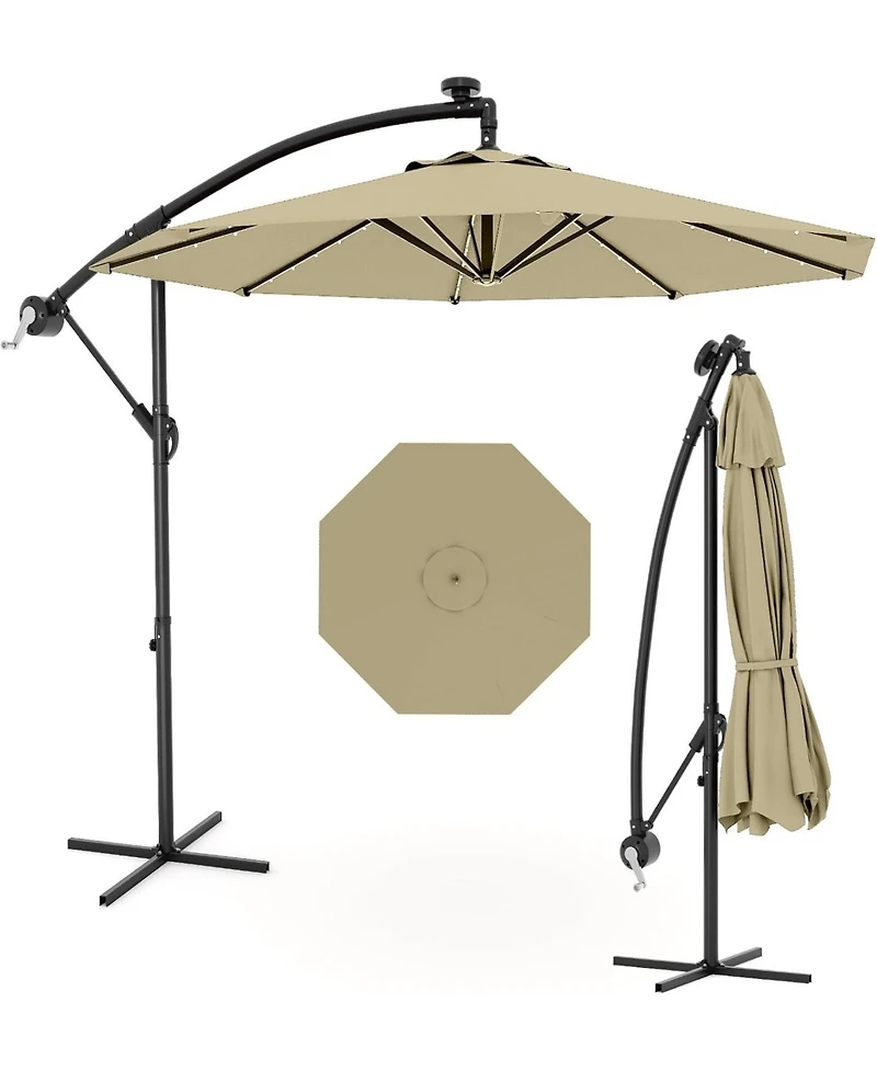 Xo 10 Ft Offset Patio Umbrella with Solar Led Lights, Cantilever Outdoor Umbrella with Infinite Tilt and Cross Base, 32 Led Lights Uv Protection Shade