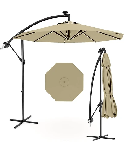 Xo 10 Ft Offset Patio Umbrella with Solar Led Lights, Cantilever Outdoor Umbrella with Infinite Tilt and Cross Base, 32 Led Lights Uv Protection Shade
