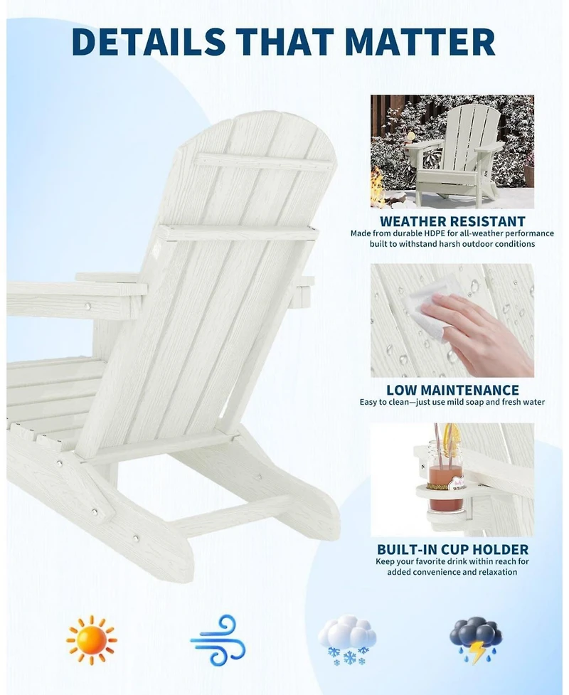 Xo 1 Pc All Weather Resistent Outdoor Patio Chair, Folding Adirondack Chair with Cup Holder, White