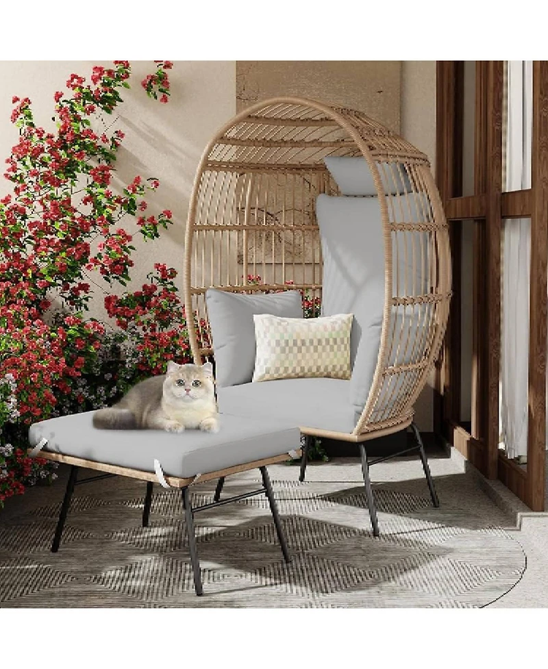 Xo Oversize Egg Shaped Lounger, Egg Chair for Indoor Outdoor Patio Porch Backyard with Ottoman, Grey