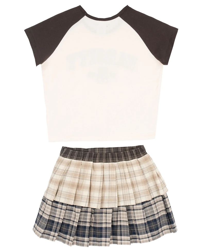 Tween Diva Girls' 7-16 Graphic Raglan T-Shirt, Mixed Plaid Tiered Skort and necklace, 3-Piece Set
