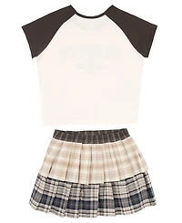 Tween Diva Girls' 7-16 Graphic Raglan T-Shirt, Mixed Plaid Tiered Skort and necklace, 3-Piece Set