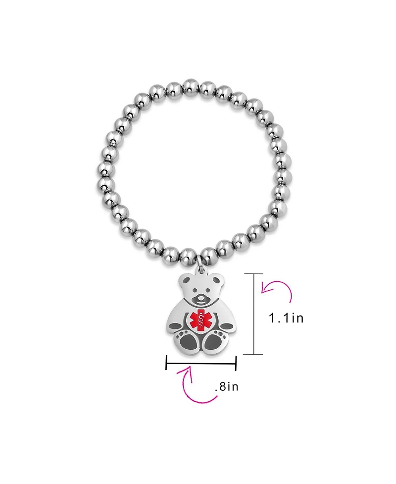 Bling Jewelry Whimsical Medical Id Bracelet Stretch Bead with Teddy Bear Charm for Small Wrist