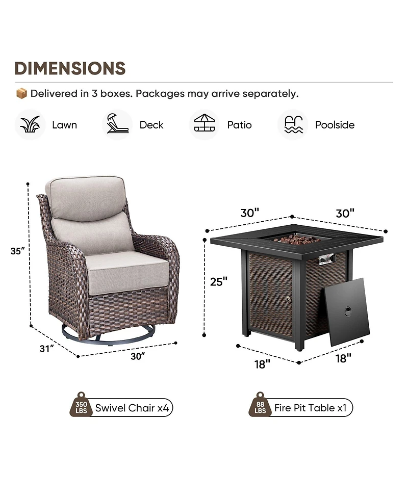 Pocassy Outdoor Swivel Chair Thick Cushion with Fire Pit Table Patio Furniture Set