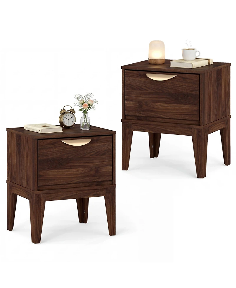 Gymax 2 Pieces Nightstand with Storage Mid Century Modern Bedside Table with Drawer