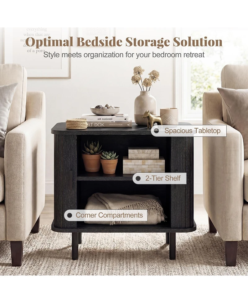 Gymax End Table Modern Mid Century Nightstand with Sliding Tambour Doors and Storage Shelf