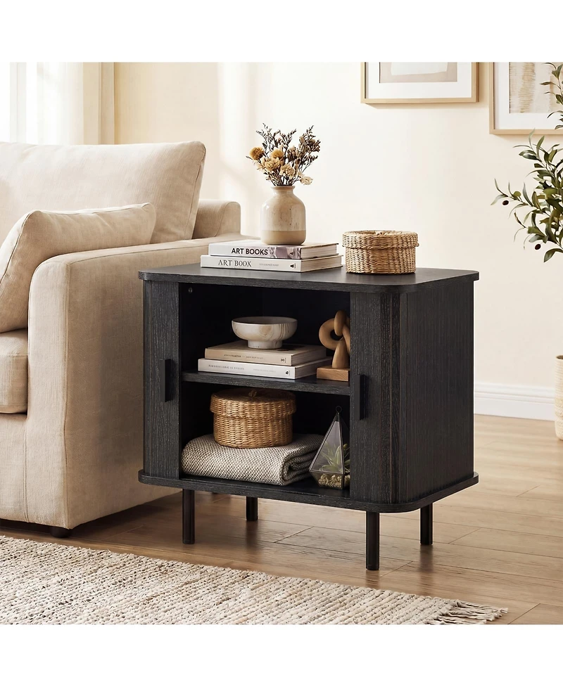 Gymax 2-Pieces End Table Mid Century Nightstand with Sliding Tambour Doors and Storage Shelf