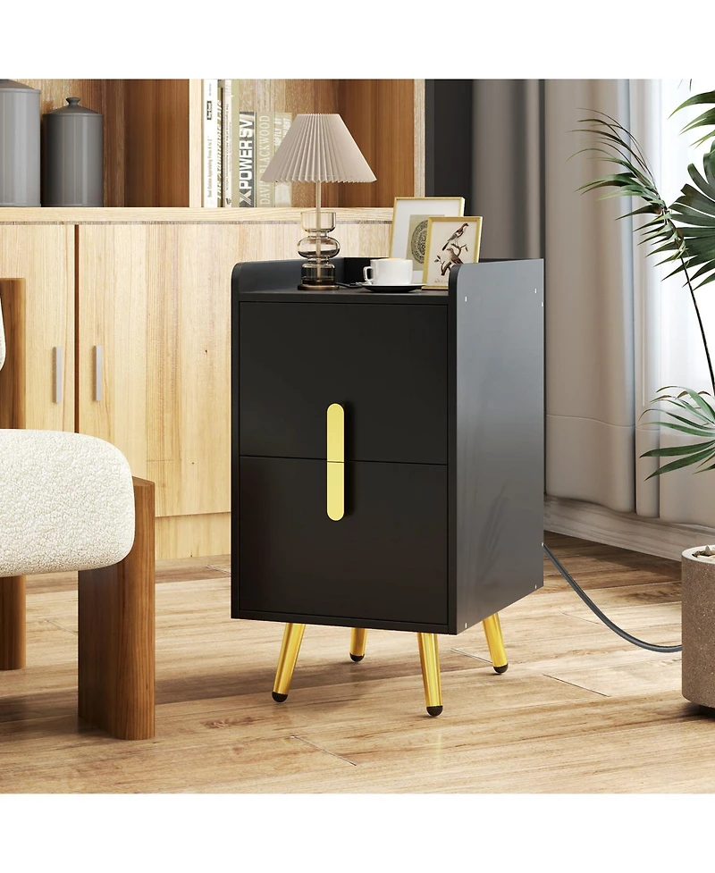 Gymax 2-Pieces Nightstand with Charging Station Home Bedside Sofa Side Tables with 2 Drawers