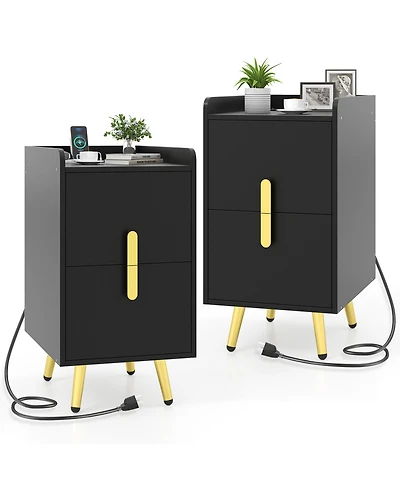 Gymax 2-Pieces Nightstand with Charging Station Home Bedside Sofa Side Tables with 2 Drawers
