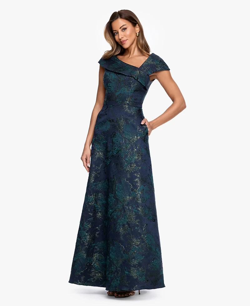 Xscape Women's Square Neck Brocade Asymmetrical Ball Gown