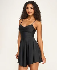 City Studios Juniors' Satin Lace-Trim Fit & Flare Dress