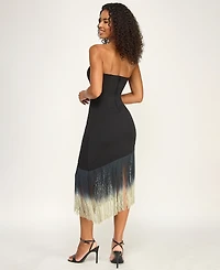 Seni & Cade Juniors' Asymmetrical Fringe Hem Strapless Midi Dress