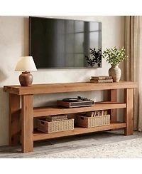 Tribesigns Solid Wood Tv Stand for 55/60/65/75 Inch TVs, 63" Farmhouse Media Console with 2-Tier Open Storage Shelves, Entertainment Center