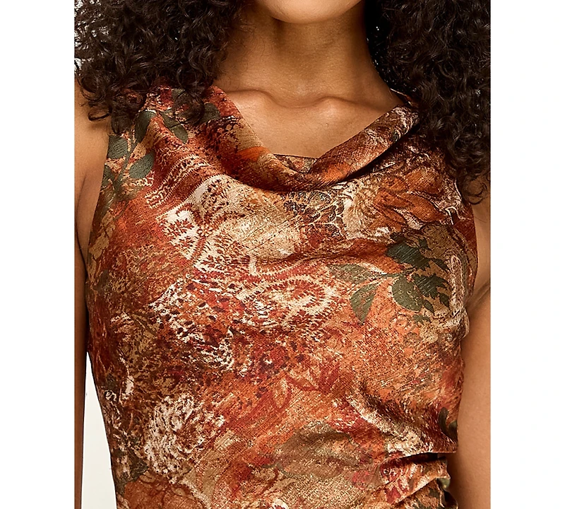 Seni & Cade Juniors' Printed Cowl Neck Asymmetrical Ruffle Hem Short Dress
