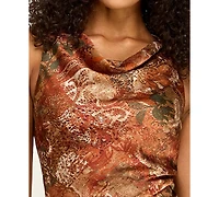 Seni & Cade Juniors' Printed Cowl Neck Asymmetrical Ruffle Hem Short Dress