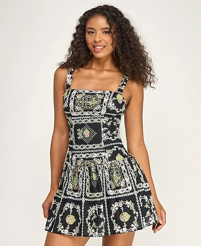 Seni & Cade Juniors' Printed Square Neck Eyelet Drop Waist Short Dress