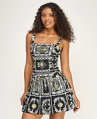 Seni & Cade Juniors' Printed Square Neck Eyelet Drop Waist Short Dress