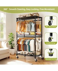 Rainsken Heavy Duty Clothing Rack with Wheels, Closet Organizer with Adjustable Metal Wire Shelving, 2 Clothes Rails and Side Hooks for Bedroom