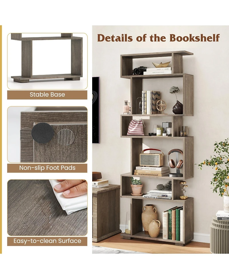 Gymax Set of 2 6-tier Storage Bookshelf with Anti-toppling Kits Decorative Room Divider