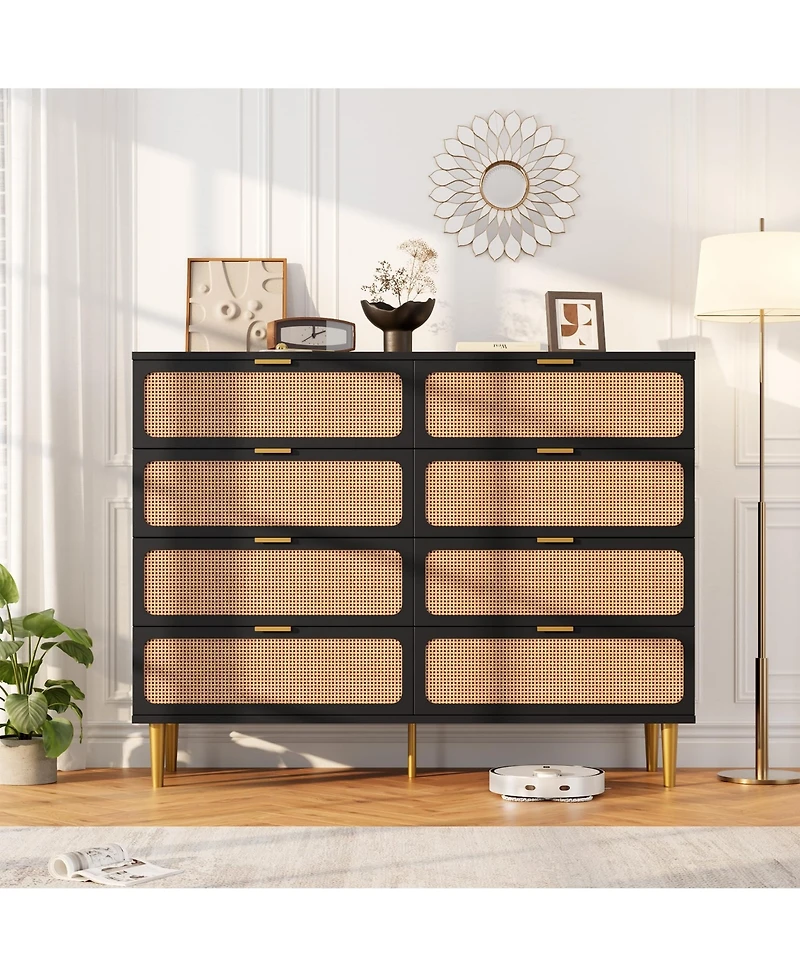 homfan Rattan 8-Drawer Tall Dresser, Large Wooden Storage Chest with Deep Drawers and Wide Top for Multi-Room Use