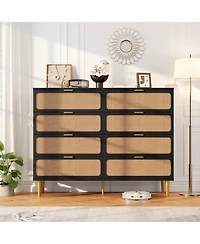 homfan Rattan 8-Drawer Tall Dresser, Large Wooden Storage Chest with Deep Drawers and Wide Top for Multi-Room Use