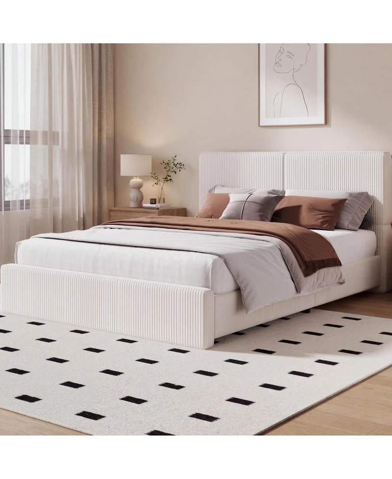 homfan Upholstered Platform Bed Frame with Headboard, Corduroy or Pu Cover, Wooden Slats and Quiet Support, No Box Spring Needed