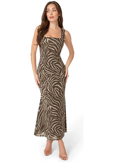 Bebe Women's Square Neck Hotfix Mesh Maxi Dress