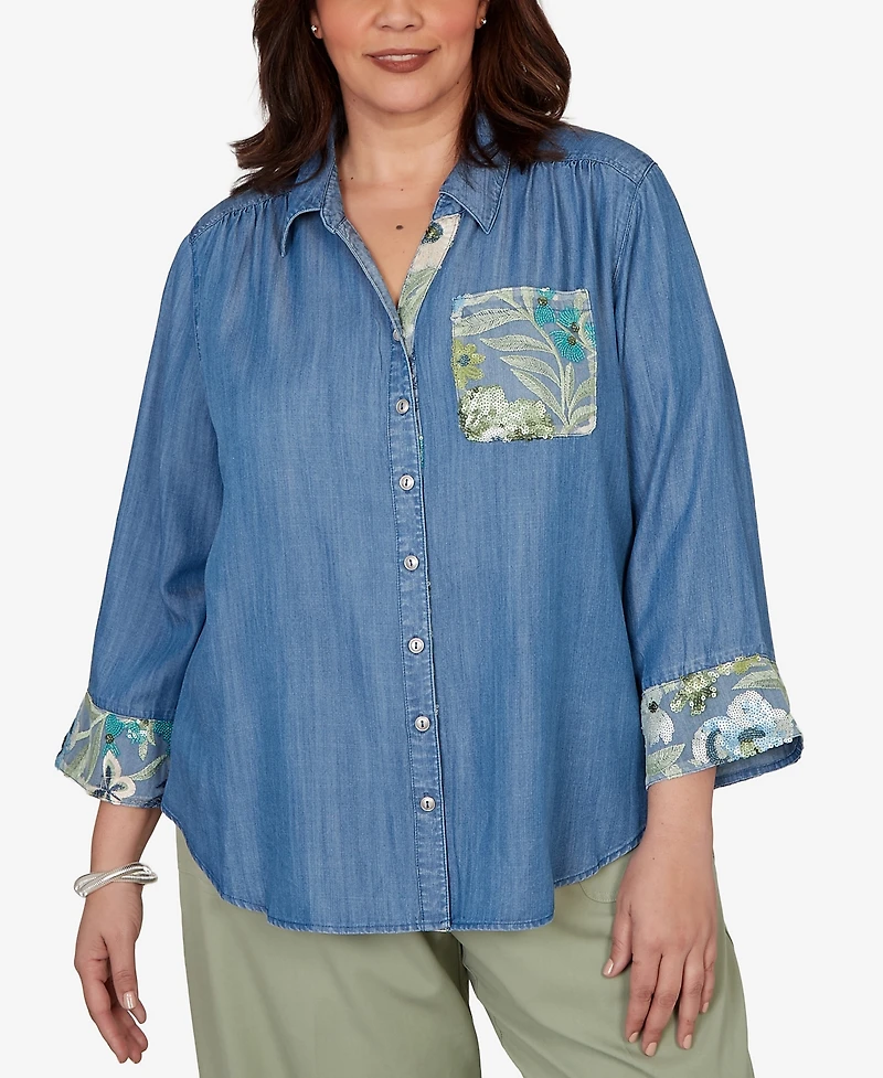 Alfred Dunner Plus Indigo Girls Soft Lyocell Denim Sequined Button Front Top