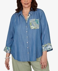 Alfred Dunner Plus Indigo Girls Soft Lyocell Denim Sequined Button Front Top