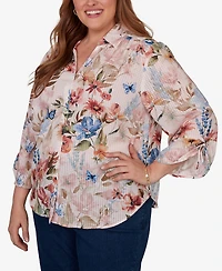 Alfred Dunner Plus Camden Market Botanical Butterfly Button Front Top