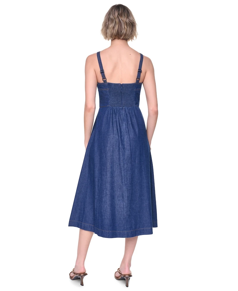 Dkny Women's Straight Neck Sleeveless Contrast Stitch Midi Dress