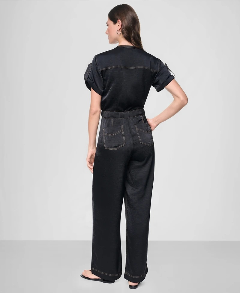 Dkny Women's Short-Sleeve Contrast Stitch Straight Jumpsuit