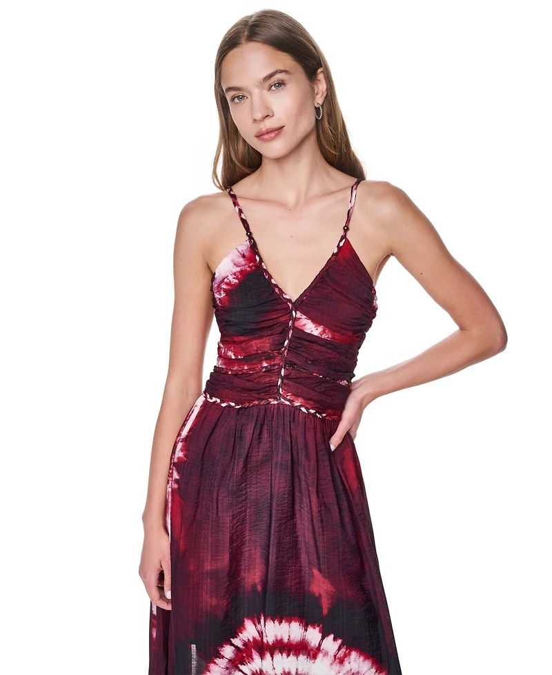 Dkny Women's Printed Voile Braided Detail V-Neck Dress