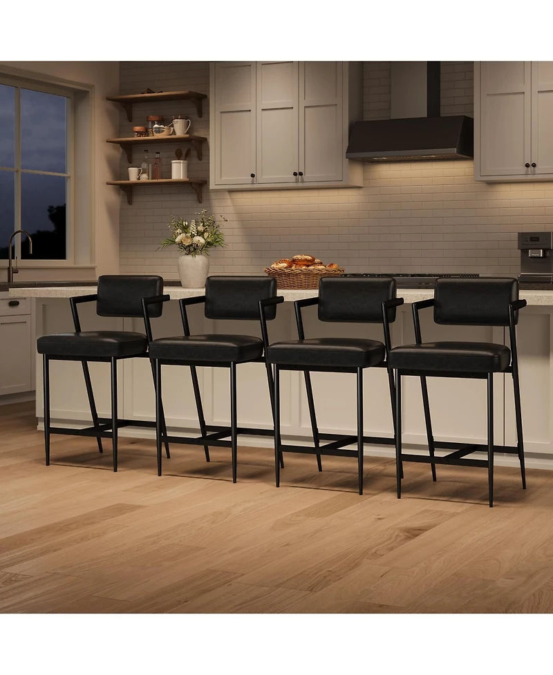 homfan 2 Pcs Modern Counter Height Bar Stools, Pu Leather Design with High Backrest, Armrests and Thick Cushion, Metal Frame for Kitchen Island