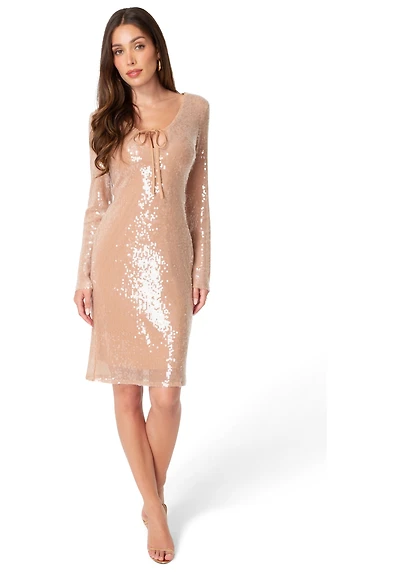 Bebe Women's Sequin Long Sleeve Tie Front Dress