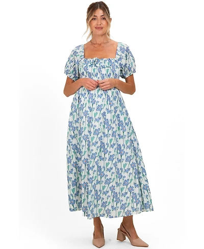 Pinkblush Maternity Blue Floral Smocked Ruffle Accent Midi Dress